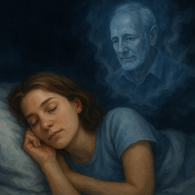 A woman sleeps peacefully while the translucent figure of an older man appears above her, suggesting a dream or memory.