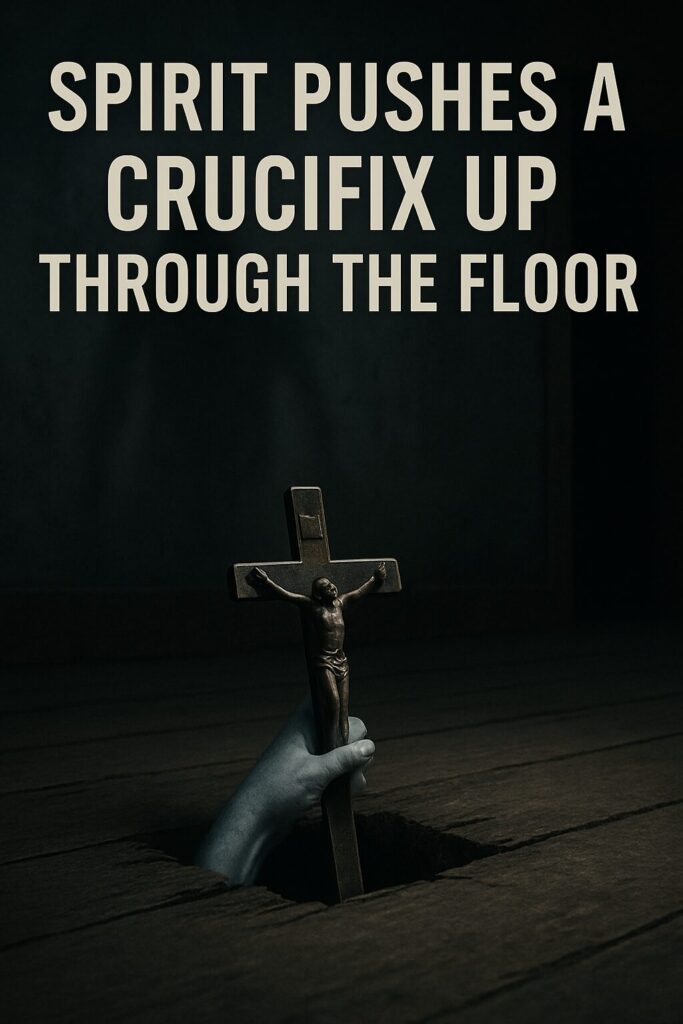 A spirit is pushing a crucifix up through the floor.
