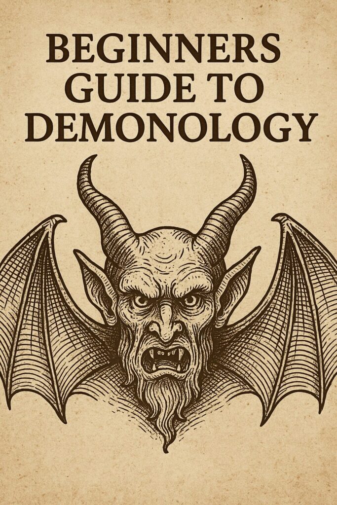A demon with the words Beginners Guide to Demonology: Understanding Demons and Their Origins.