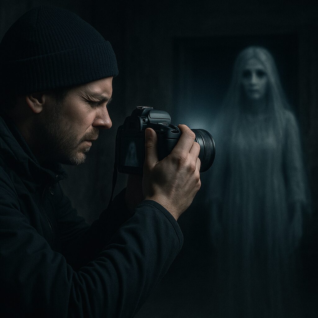 A Ghost hunter taking a picture of a ghost