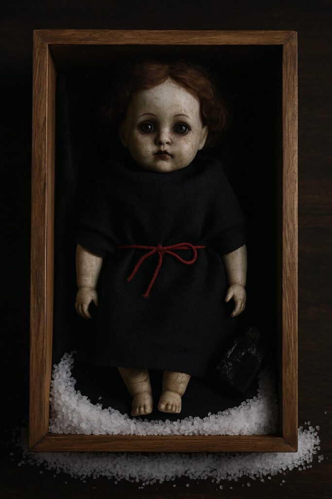 A haunted doll in a box, tied with a red ribbon, surrounded by a protective circle of salt.