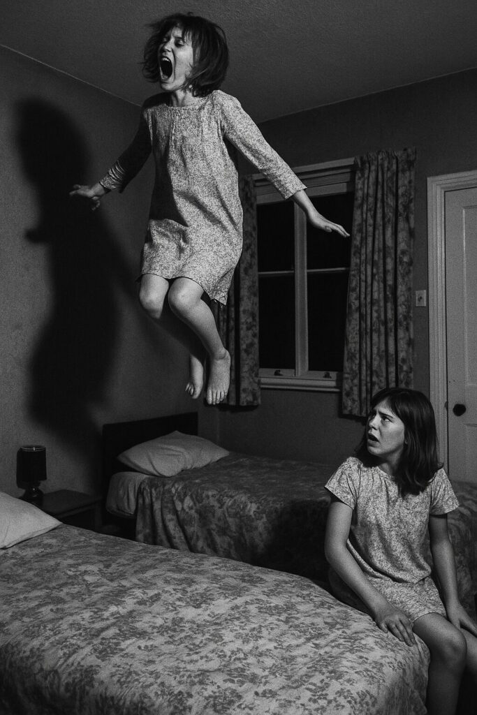 A woman jumps dramatically, appearing to be tossed by a poltergeist, with two beds positioned behind her.