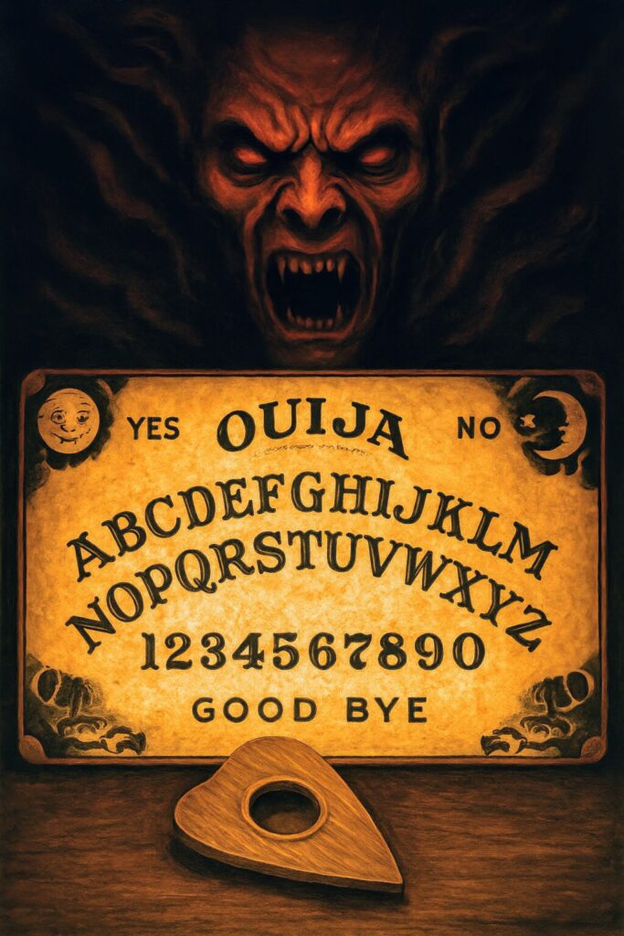 An image of a demon holding a Ouija board.