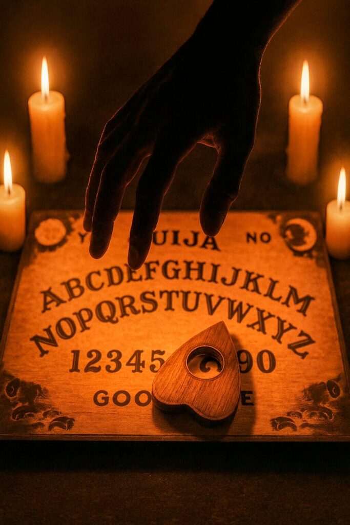 An image of a Ouija board and a demonic hand with lit candles.