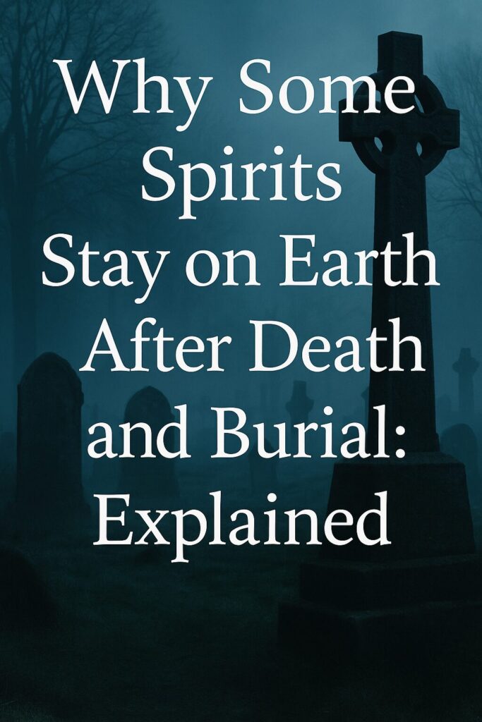 A foggy graveyard with old tombstones and a large cross-shaped gravestone in the foreground. Overlay text reads: Why Some Spirits Stay on Earth After Death and Burial: Explained.