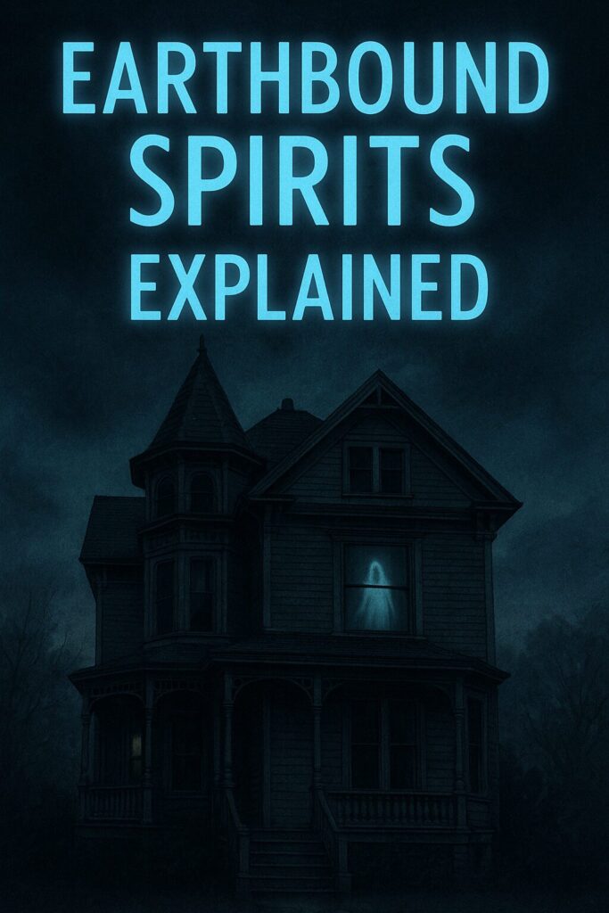 Eerie Victorian house at night; a ghostly figure glows in an upstairs window. Large title reads "Earthbound Spirits Explained" in luminous blue.