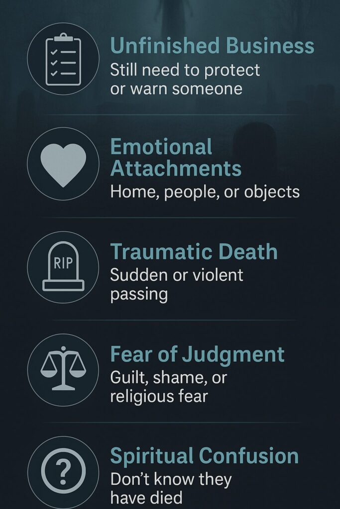 Infographic image listing five reasons ghosts may linger: Unfinished Business, Emotional Attachments, Traumatic Death, Fear of Judgment, and Spiritual Confusion.