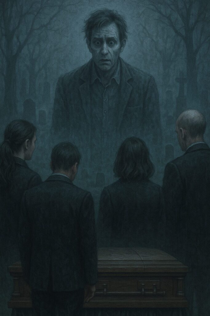 A somber, atmospheric scene shows four mourners in black around a coffin in a misty graveyard. A large, ghostly figure with a shocked expression looms above.