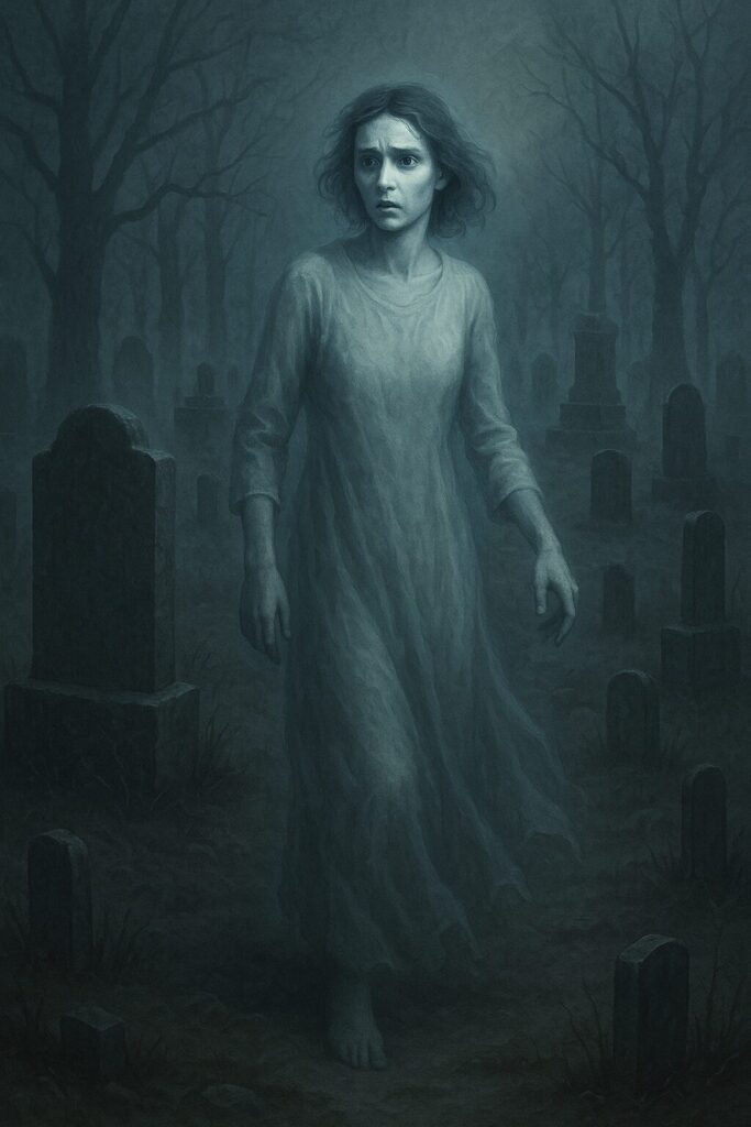 A ghostly woman in a flowing white gown stands barefoot in a misty, dimly lit graveyard. Her expression is fearful amidst leafless trees and tombstones. She is confused about wondering why she is still earthbound after death and burial.