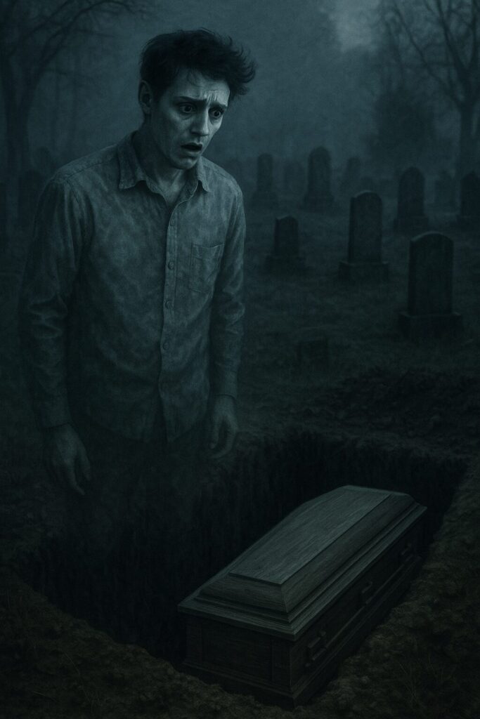 In a cemetery, a man stands next to a casket, representing a confused spirit lingering on earth after burial.