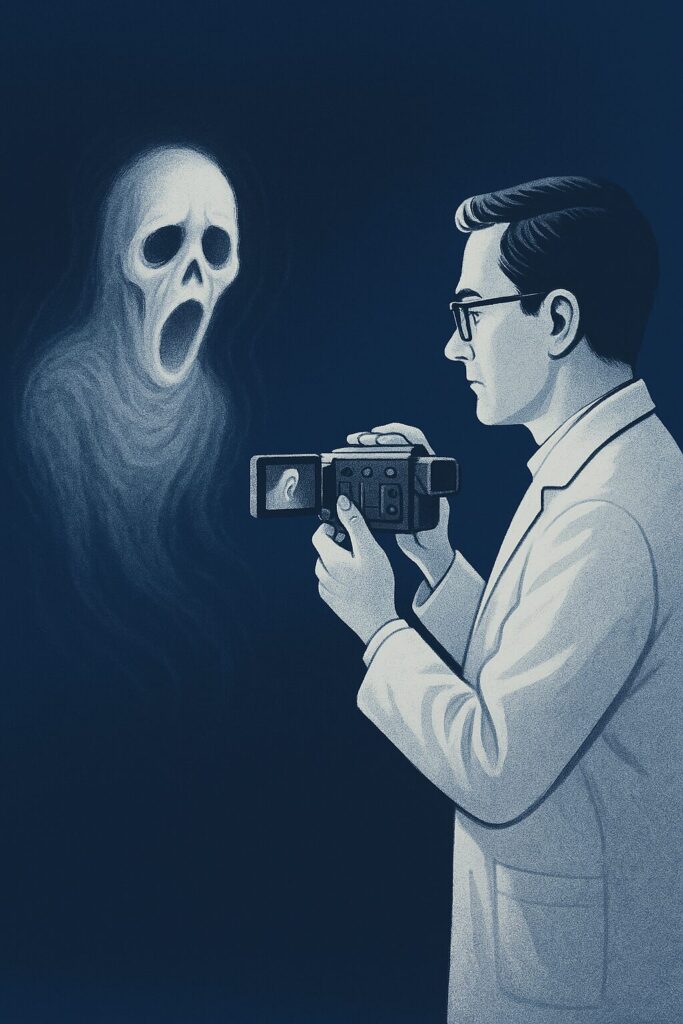A digital illustration of a scientist in a white lab coat recording a ghostly figure with a camcorder. The ghost appears translucent and pale with a gaping mouth and hollow eyes, set against a navy blue background. The image highlights the intersection of science and the paranormal.