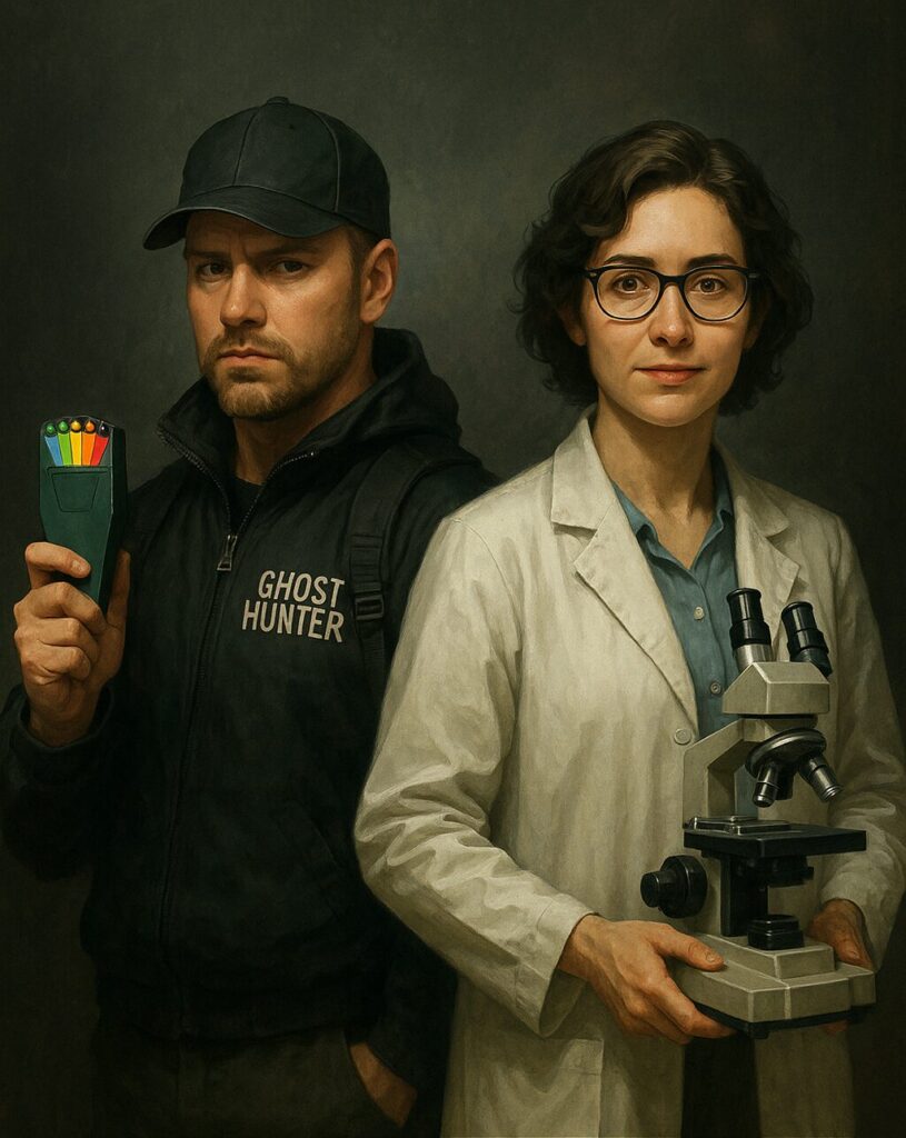 A digital illustration showing a side-by-side portrait of a ghost hunter and a scientist. The ghost hunter, dressed in black with a cap and "GHOST HUNTER" jacket, holds an EMF meter. The scientist, wearing a white lab coat and glasses, holds a microscope.