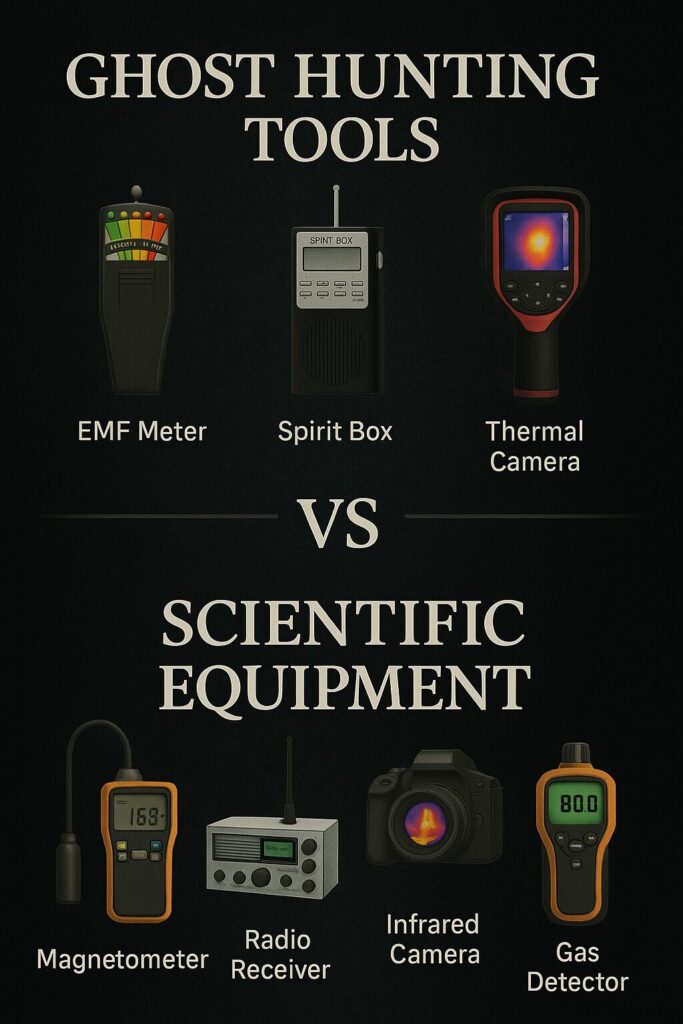 A vertical image comparing ghost hunting tools and scientific equipment. The top half shows an EMF meter, Spirit Box, and Thermal Camera labeled as "Ghost Hunting Tools." The bottom half features a Magnetometer, Radio Receiver, Infrared Camera, and Gas Detector under "Scientific Equipment." The design uses a black background with clear, bold text and detailed illustrations of each device.