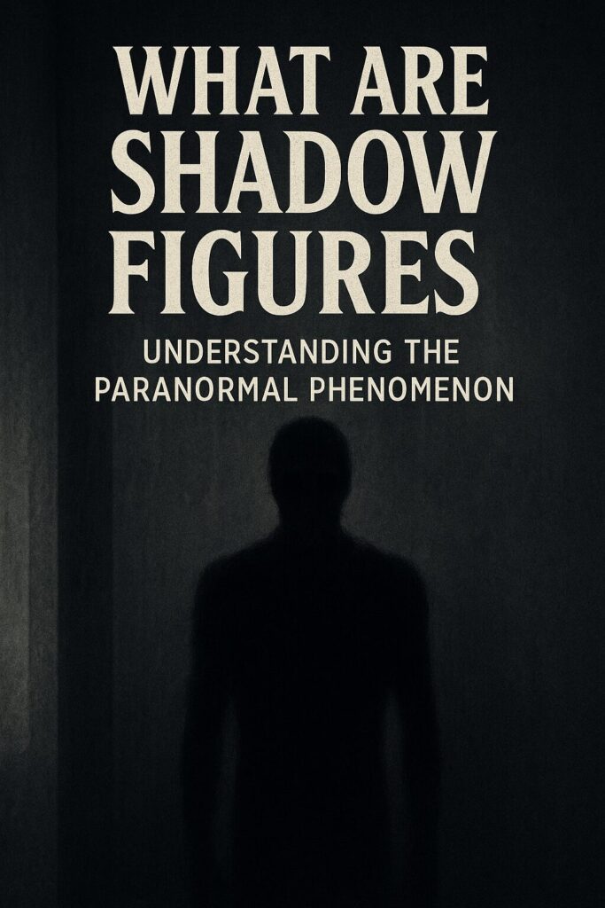 Dark silhouette of a shadow figure in a dim hallway with bold text overlay reading “What Are Shadow Figures? Understanding the Paranormal Phenomenon” — representing ghost sightings, supernatural entities, and paranormal investigation.