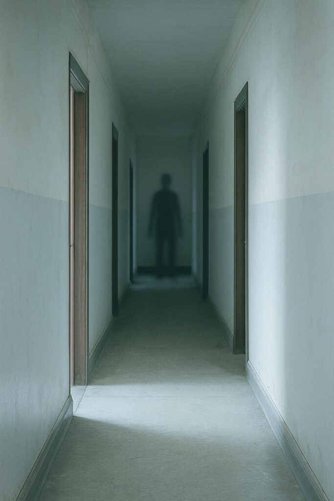 Brightened hallway with a dark shadow figure standing at the far end, representing a paranormal sighting or ghost encounter commonly linked to shadow people phenomena in haunted locations.