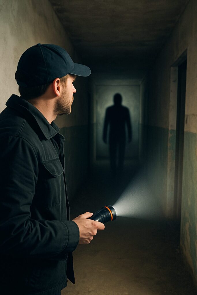 A paranormal investigator holding a flashlight stands in a dimly lit hallway, facing a tall, shadowy humanoid figure at the far end of the corridor. The eerie atmosphere suggests a ghost hunting or shadow figure encounter.