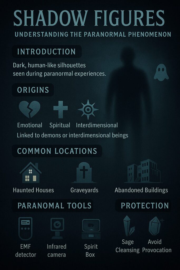 Infographic explaining shadow figures in the paranormal, featuring definitions, origin theories (emotional, spiritual, interdimensional), common locations (haunted houses, graveyards, abandoned buildings), paranormal tools (EMF detector, infrared camera, spirit box), and protection tips (sage cleansing, avoiding provocation).