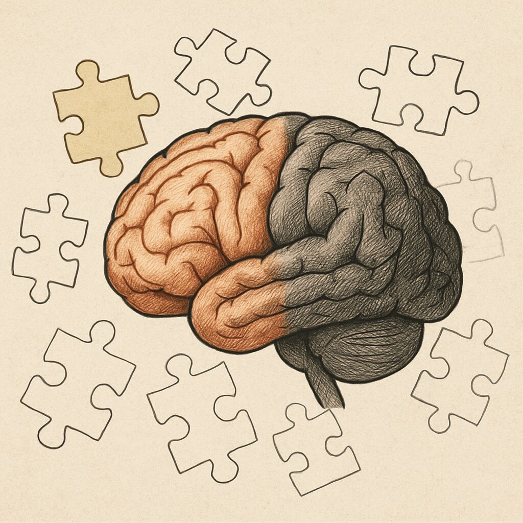 Illustration of a human brain surrounded by puzzle pieces, symbolizing memory distortion and cognitive confusion, often associated with the Mandela Effect and false memory phenomena.