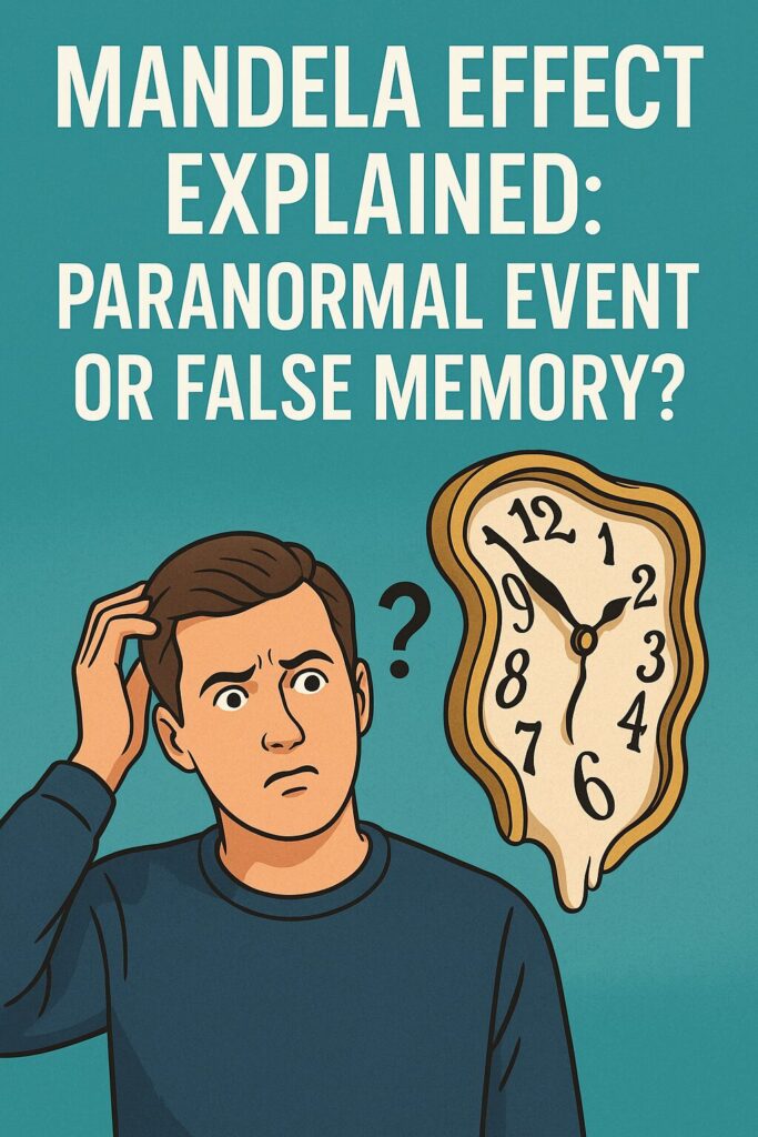 Cartoon illustration of a confused man looking at a melting clock and a question mark, with the title "Mandela Effect Explained: Paranormal Event or False Memory?" symbolizing confusion about memory and alternate realities.