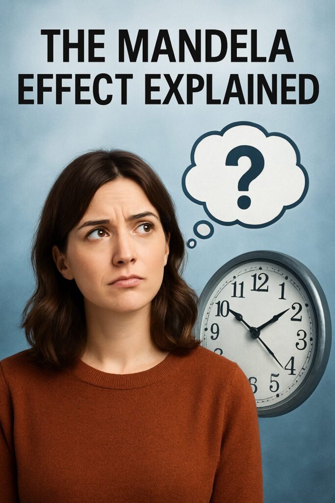 Confused woman looking at a question mark thought bubble with a clock in the background, illustrating the concept of the Mandela Effect and memory distortion.