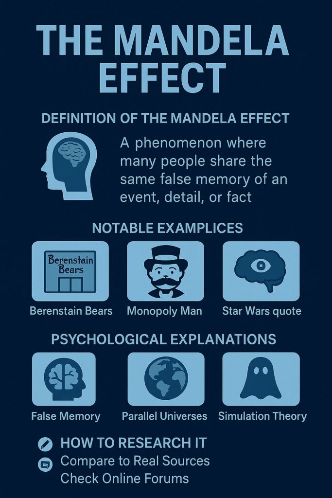 Infographic titled "The Mandela Effect" with a navy blue background, illustrating the definition of the Mandela Effect, famous examples like Berenstain Bears and the Monopoly Man, psychological explanations, and tips on how to research it.