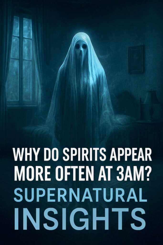 Ghostly figure in a dark bedroom at 3AM with glowing eyes and eerie blue lighting, featuring the text "Why Do Spirits Appear More Often at 3AM? Supernatural Insights" in bold white and blue font.