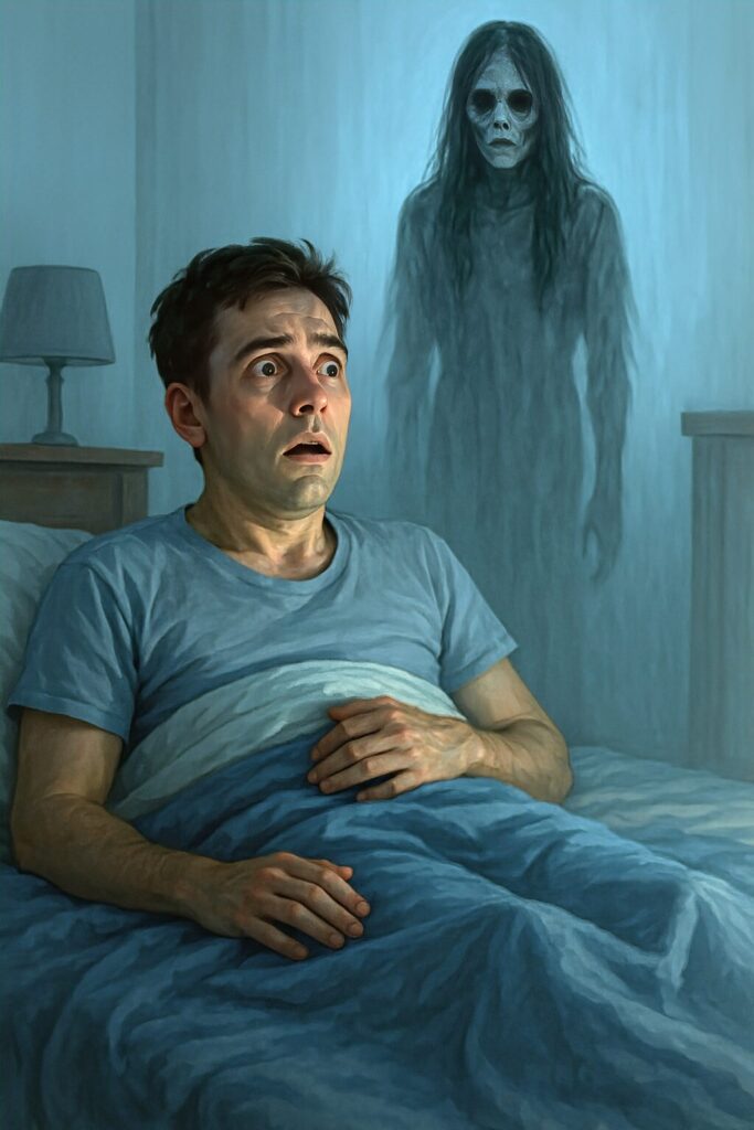 Frightened man sitting up in bed at night with wide eyes, staring at a ghostly female spirit with hollow eyes and long dark hair standing at the foot of the bed in a dimly lit bedroom, representing a 3AM paranormal encounter.