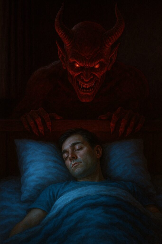 Terrifying demon with glowing red eyes and sharp claws looms over a sleeping man in a dark bedroom, symbolizing the fear and paranormal activity often associated with the 3AM witching hour.