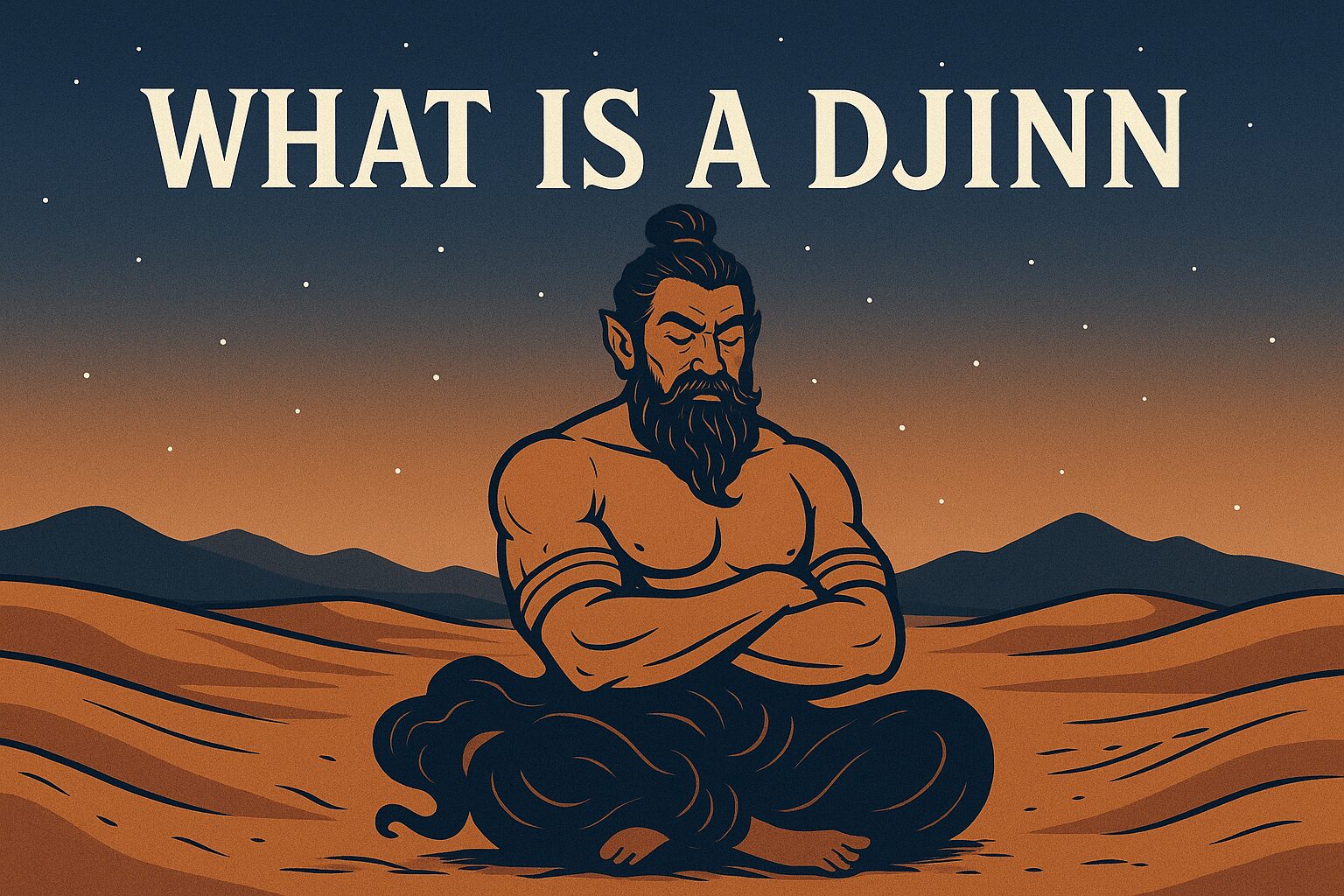 An image of a Djinn sitting in the desert with its arms crossed and the words "What is a Djinn"