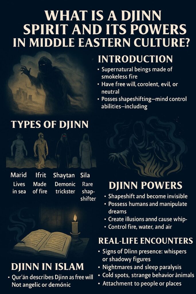 Infographic titled "What Is a Djinn Spirit and Its Powers in Middle Eastern Culture?" featuring sections on Introduction, Types of Djinn, Djinn Powers, Djinn in Islam, and Real-Life Encounters. Includes illustrations of various Djinn types such as Marid, Ifrit, Shaytan, and Sila, as well as visuals of a hooded shadowy figure, swirling spirits, and an open Qur’an with a candle. Text highlights supernatural traits like shapeshifting, invisibility, possession, and elemental control.