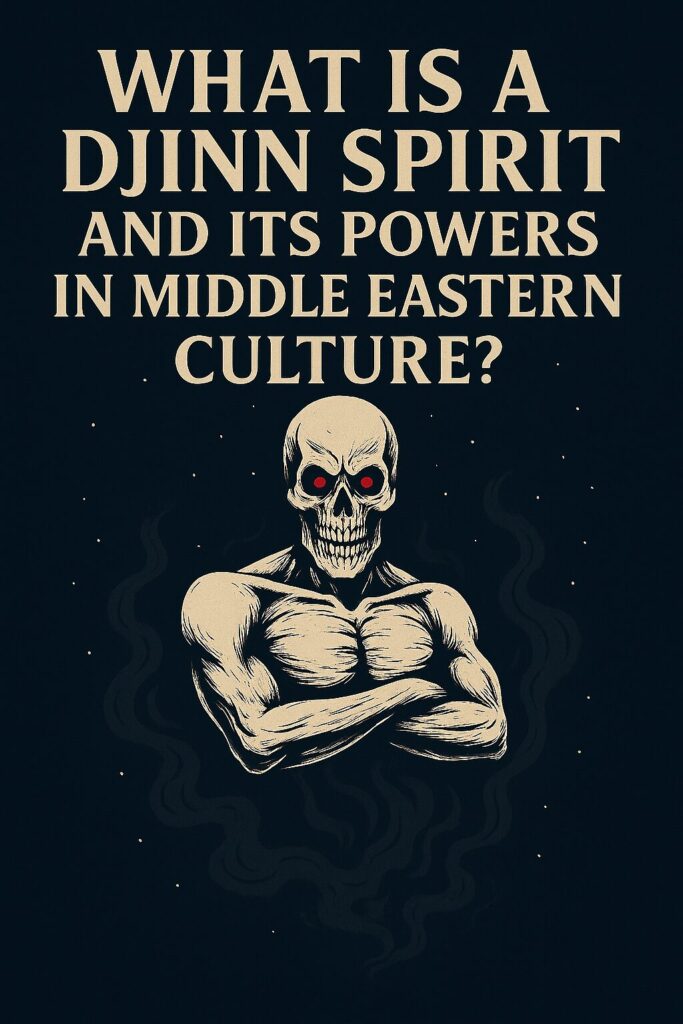 Poster with the title "What Is a Djinn Spirit and Its Powers in Middle Eastern Culture?" displayed in large beige serif text on a dark blue background. Below the title is a muscular Djinn figure with a terrifying skull face and glowing red eyes, emerging from swirling black smoke, giving the image a sinister and supernatural atmosphere.