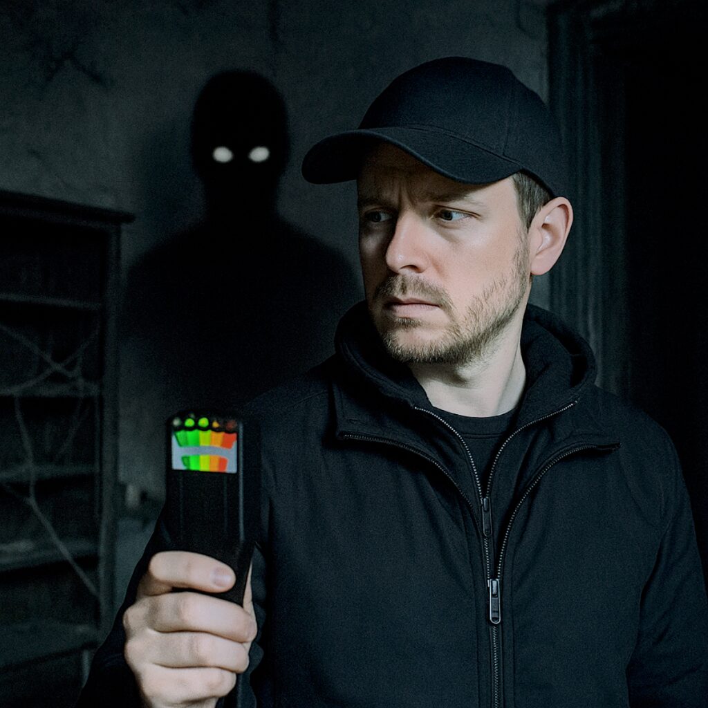 Paranormal investigator holding an EMF detector in a dark, abandoned room with a shadow figure with glowing eyes lurking behind him.