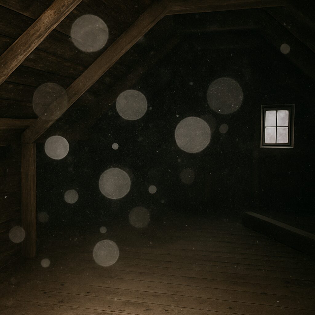 Flash photograph of a dark attic showing numerous pale, circular dust particles floating in the air, illuminated by the light against wooden beams and a single window in the background.