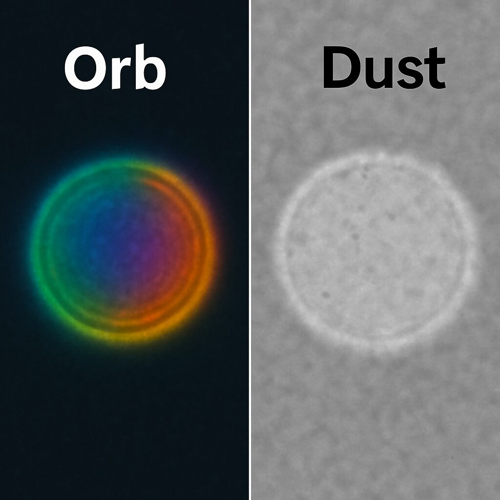 Side-by-side comparison of a colorful spirit orb labeled "Orb" and a faded gray dust particle labeled "Dust," highlighting the visual differences between paranormal orbs and dust particles in photographs.