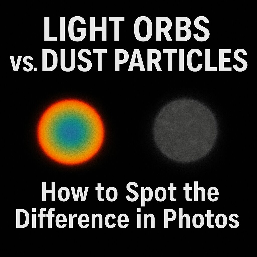 Side-by-side image showing a vibrant light orb next to a faded dust particle with the title "Light Orbs vs. Dust Particles" and the subtitle "How to Spot the Difference in Photos" in bold white text on a black background.