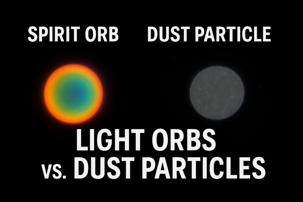 Side-by-side comparison banner showing a bright multicolored spirit orb labeled "Spirit Orb" on the left and a faint gray dust particle labeled "Dust Particle" on the right, with bold white text below that reads "Light Orbs vs. Dust Particles" on a black background.