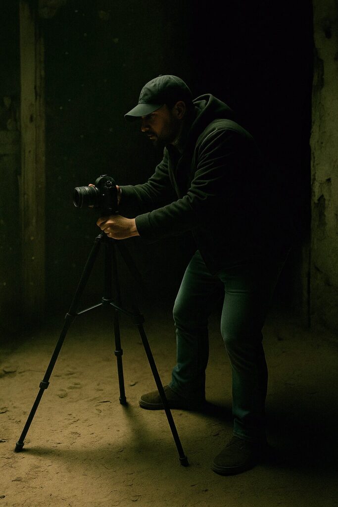 A ghost hunter in a dark, dusty room adjusting a DSLR camera mounted on a tripod, with low ambient lighting highlighting the subject and the surrounding shadows.