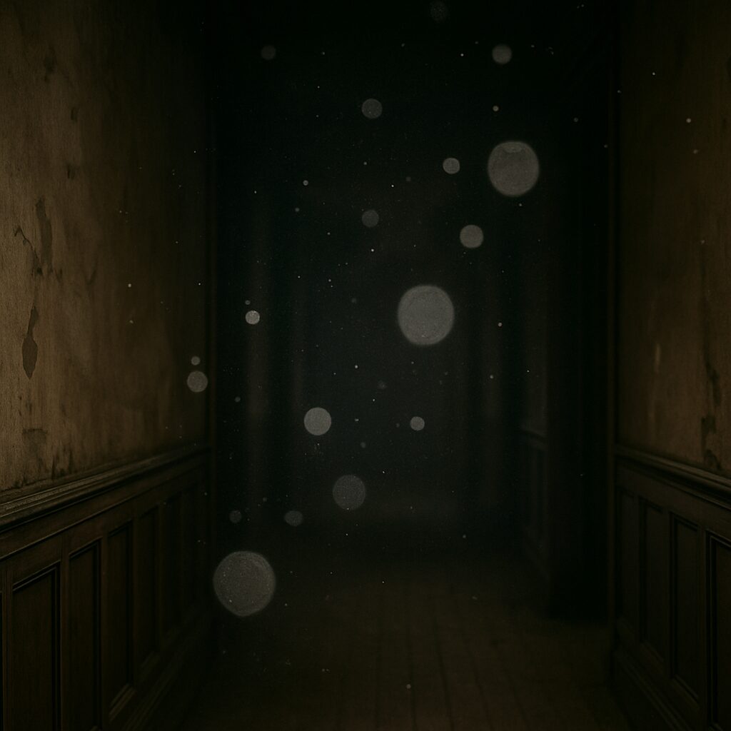 Dust particles floating in a dimly lit, narrow haunted hallway with aged wooden paneling and peeling walls, creating a ghostly and eerie atmosphere.