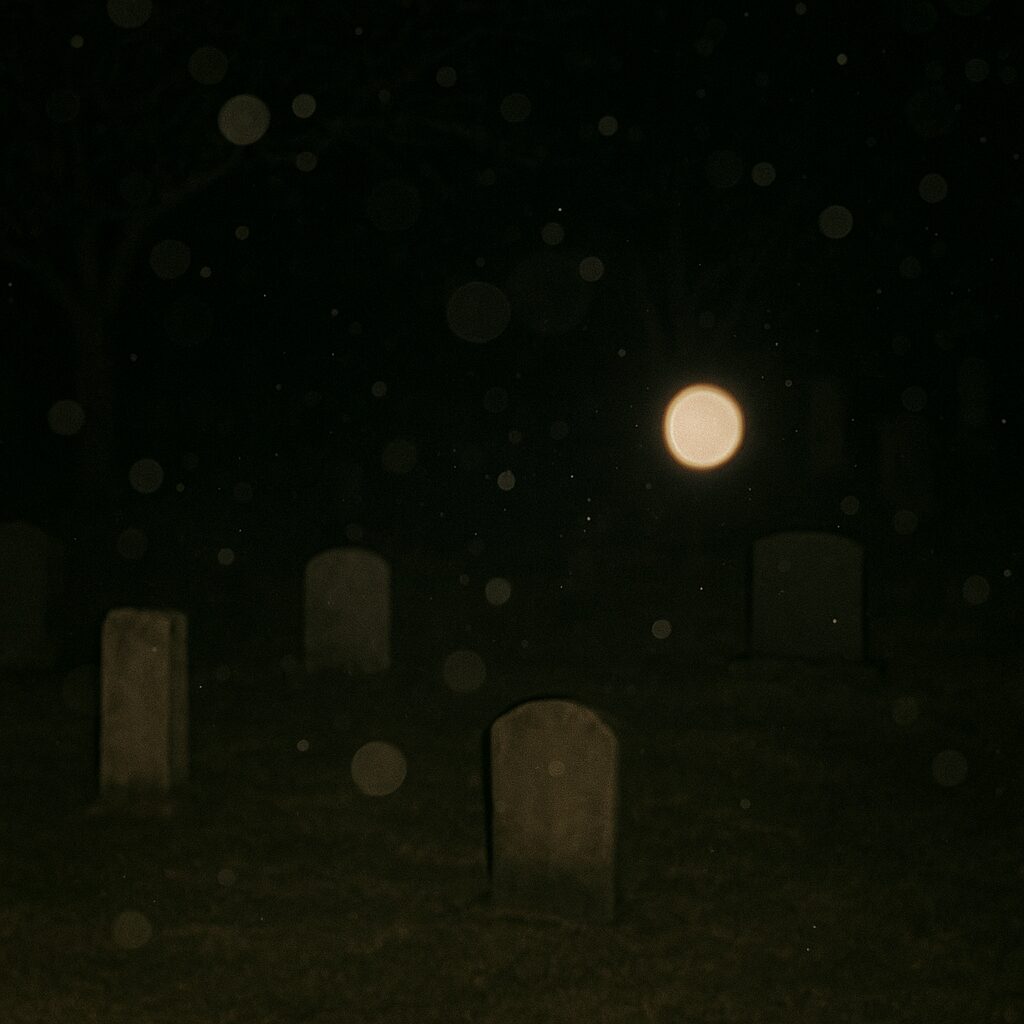 Nighttime photograph of an old cemetery with tombstones visible in the darkness, featuring a glowing spirit orb in the center surrounded by scattered dust particles in the air.
