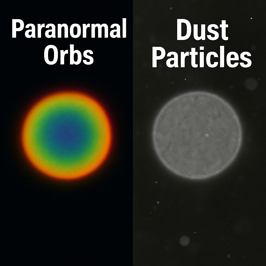 Side-by-side comparison of a colorful paranormal orb labeled "Paranormal Orbs" on the left and a faint, grayish dust particle labeled "Dust Particles" on the right, highlighting visual differences in clarity and structure.