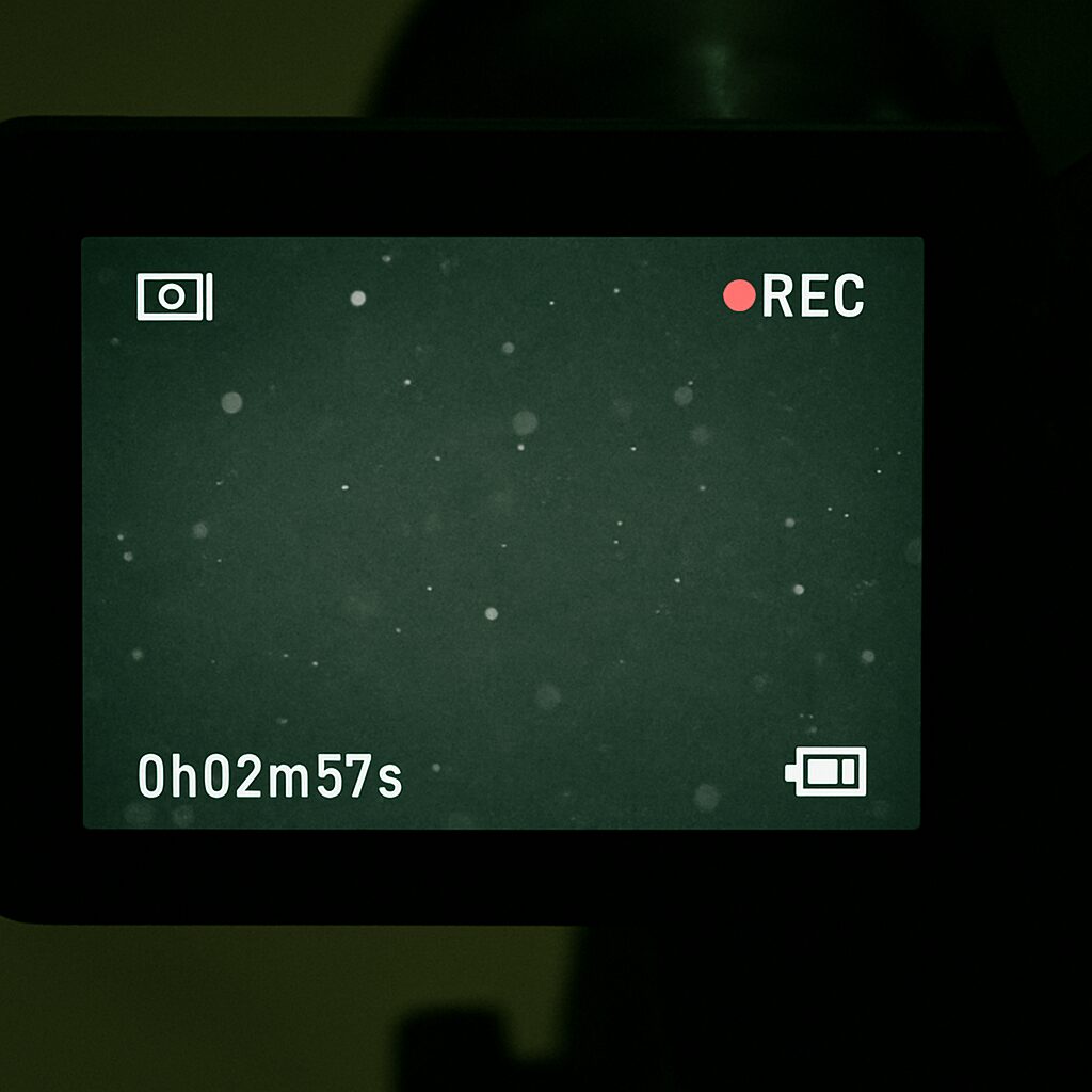 Close-up of a night vision camera screen displaying numerous dust particles floating in the air, with recording indicators and a timestamp reading "0h02m57s" in the bottom corner.