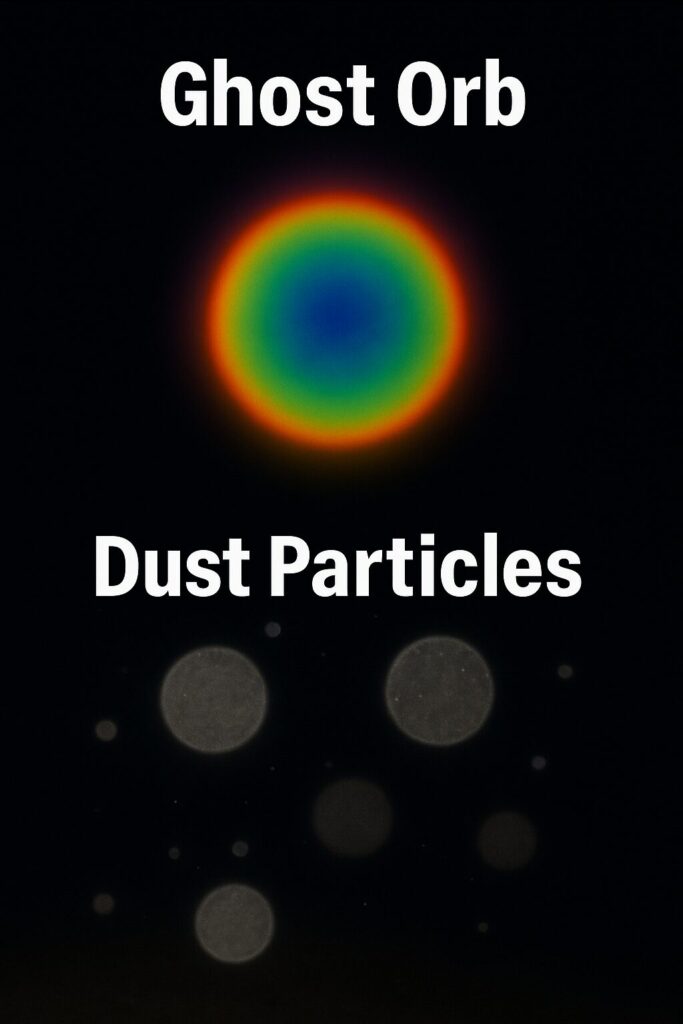 Vertical comparison image showing a vibrant rainbow-colored ghost orb labeled "Ghost Orb" at the top and several faded gray dust particles labeled "Dust Particles" at the bottom, against a black background.