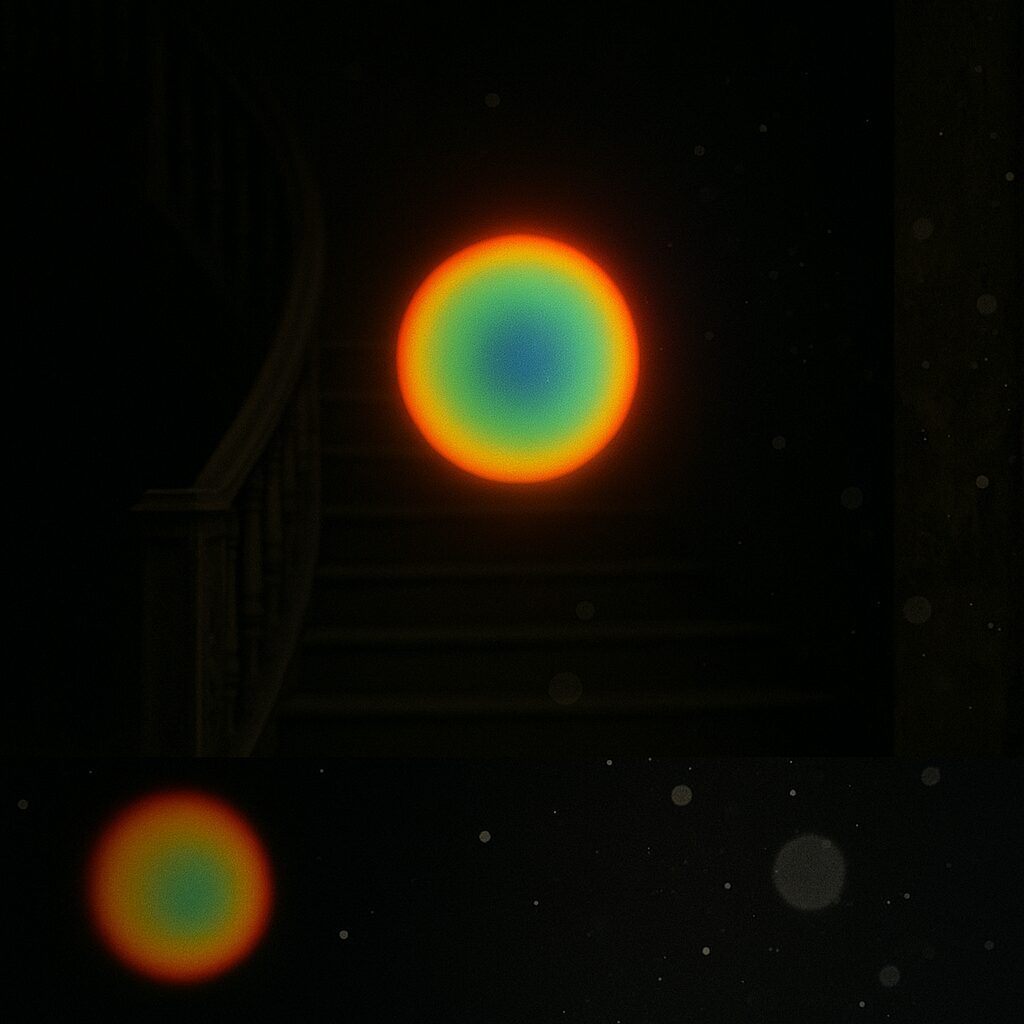 Split-image showing a glowing rainbow-colored ghost orb hovering in a dark staircase on the top half, and a group of faint dust particles with a dim orb in a darker setting on the bottom half, highlighting the visual differences between spirit orbs and dust.