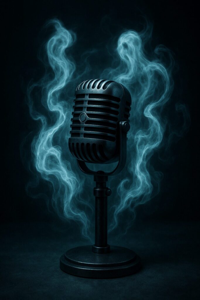 Vintage black microphone in a dark studio surrounded by swirling blue ghostly mist, creating an eerie and mysterious atmosphere.