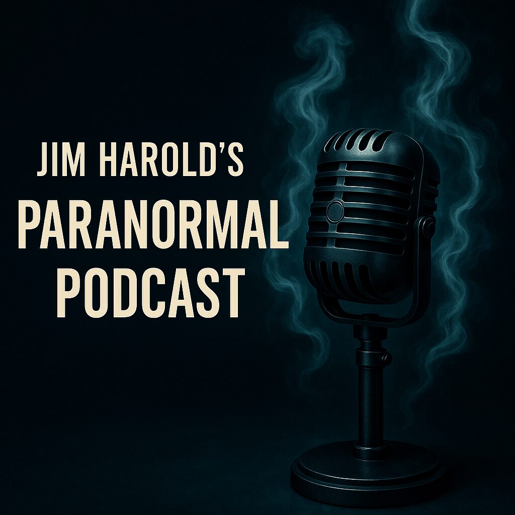 Dark studio scene featuring a vintage black microphone with glowing blue ghostly energy swirling around it, alongside bold white text reading "Jim Harold’s Paranormal Podcast."