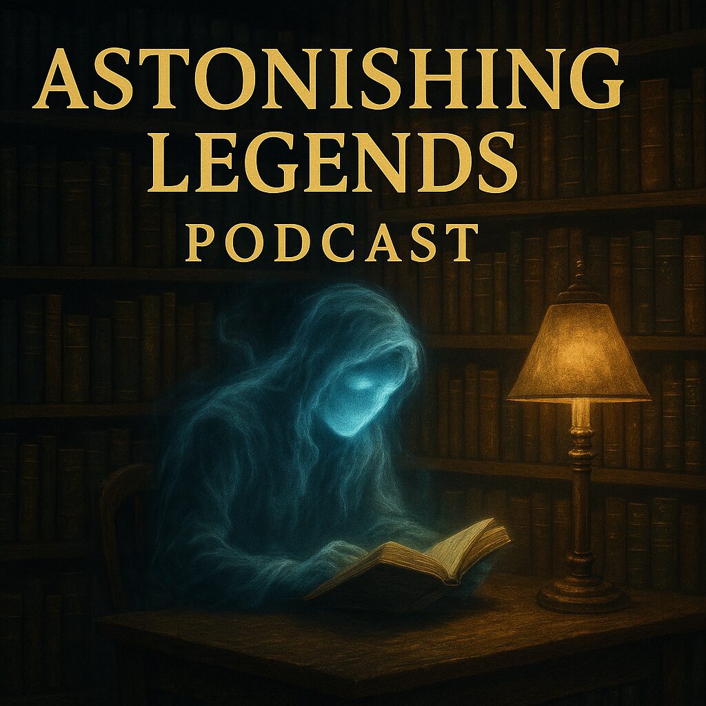 Digital illustration for the Astonishing Legends Podcast featuring a glowing blue ghostly figure reading a book in a dark, dusty library lit by a warm, flickering lamp, surrounded by shelves of old paranormal books.
