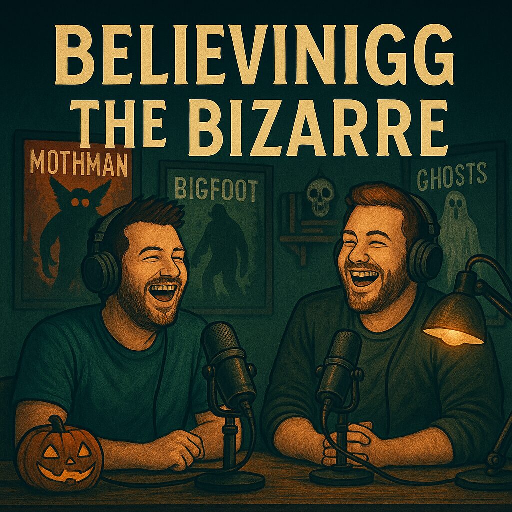 Illustration of two male podcasters laughing at a desk with microphones, surrounded by spooky decor including a jack-o'-lantern, posters of Mothman, Bigfoot, and ghosts, promoting the "Believing the Bizarre" podcast in a warm, paranormal-themed studio.