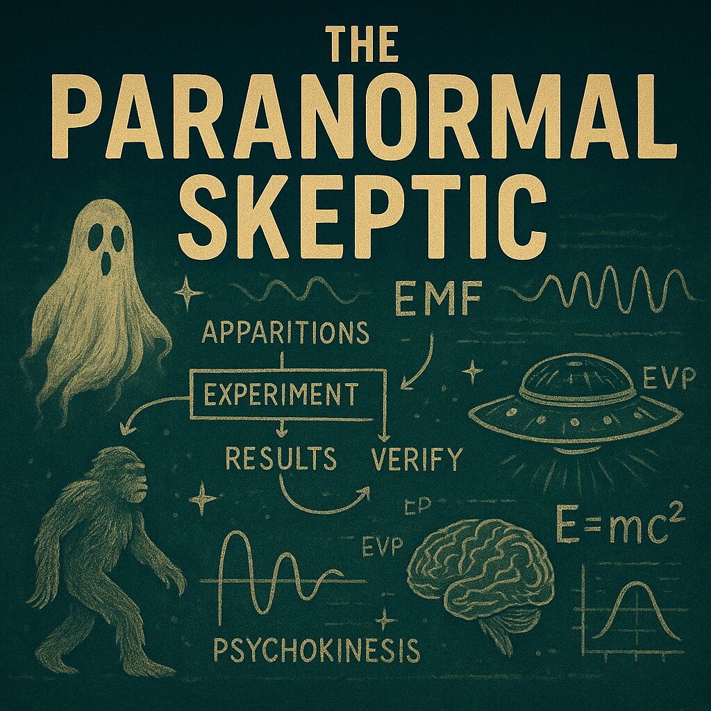 An Illustrated banner for The Paranormal Skeptic featuring scientific diagrams, a ghost, Bigfoot, UFO, brain, and chalkboard-style text with terms like EMF, EVP, psychokinesis, and experiment results, symbolizing a scientific approach to paranormal phenomena.
