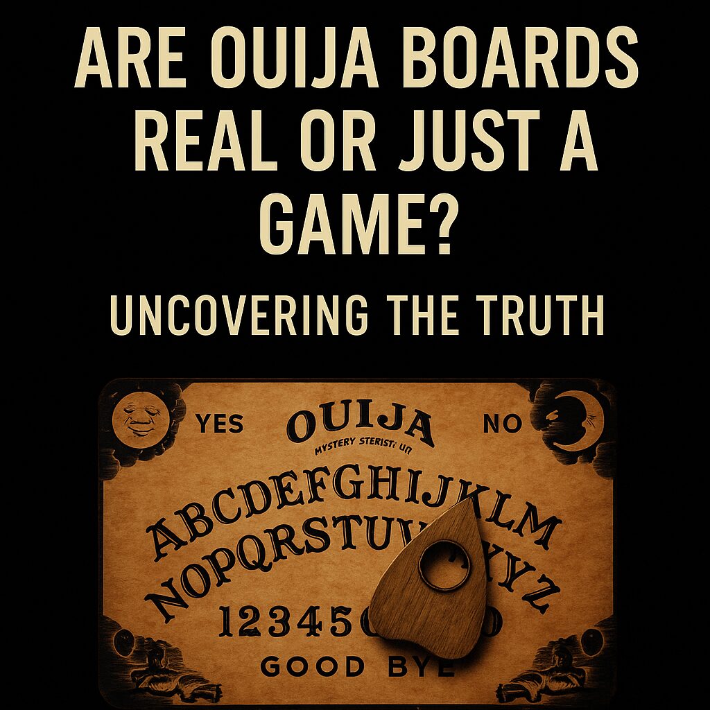 A Ouija board with the words "Ouija boards real or just a game"