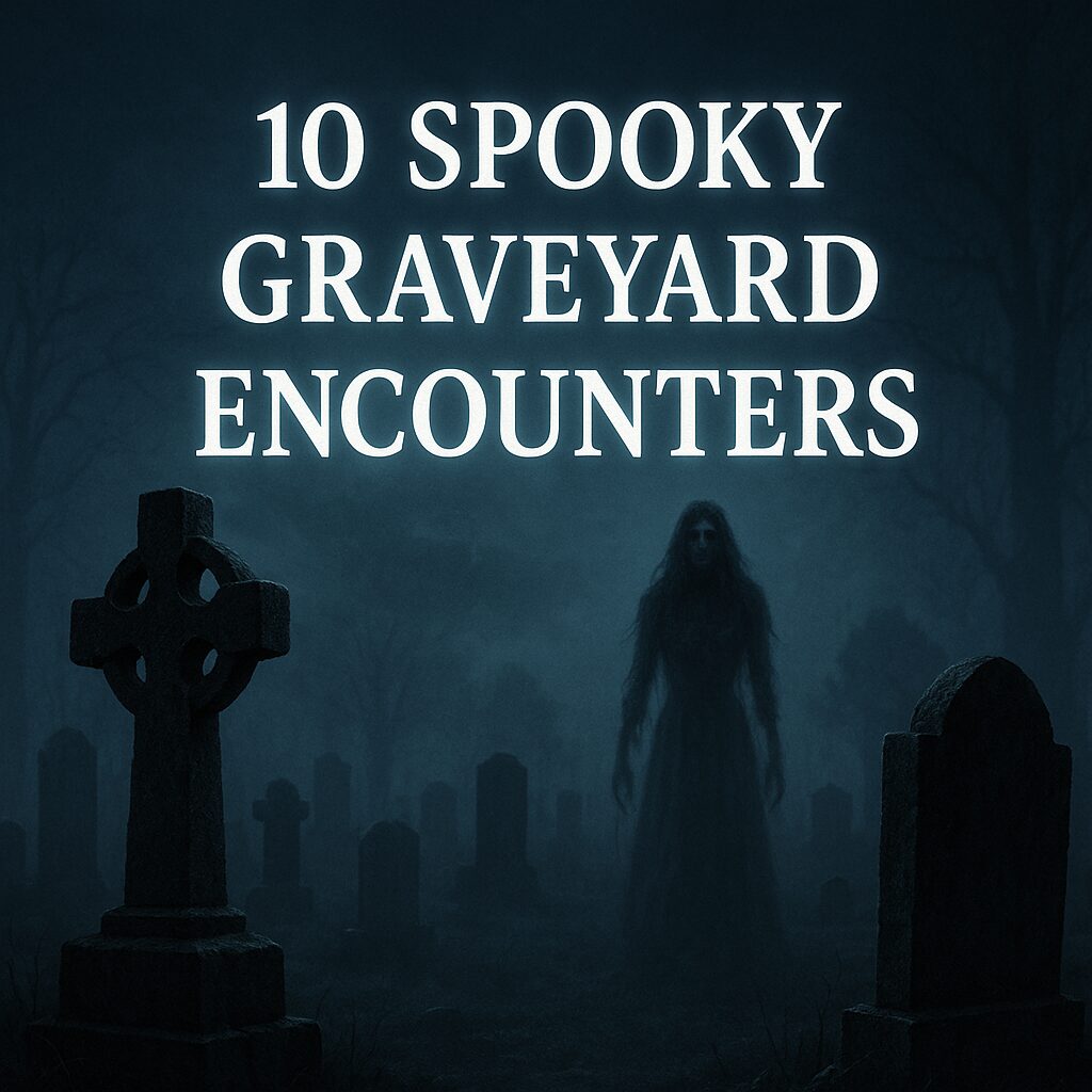 A spooky graveyard at night with dark tombstones and a faint ghostly woman in a long dress standing in the mist. A full moon lights the foggy scene. Bold white text reads “10 Spooky Graveyard Encounters.” The atmosphere is eerie and haunting.